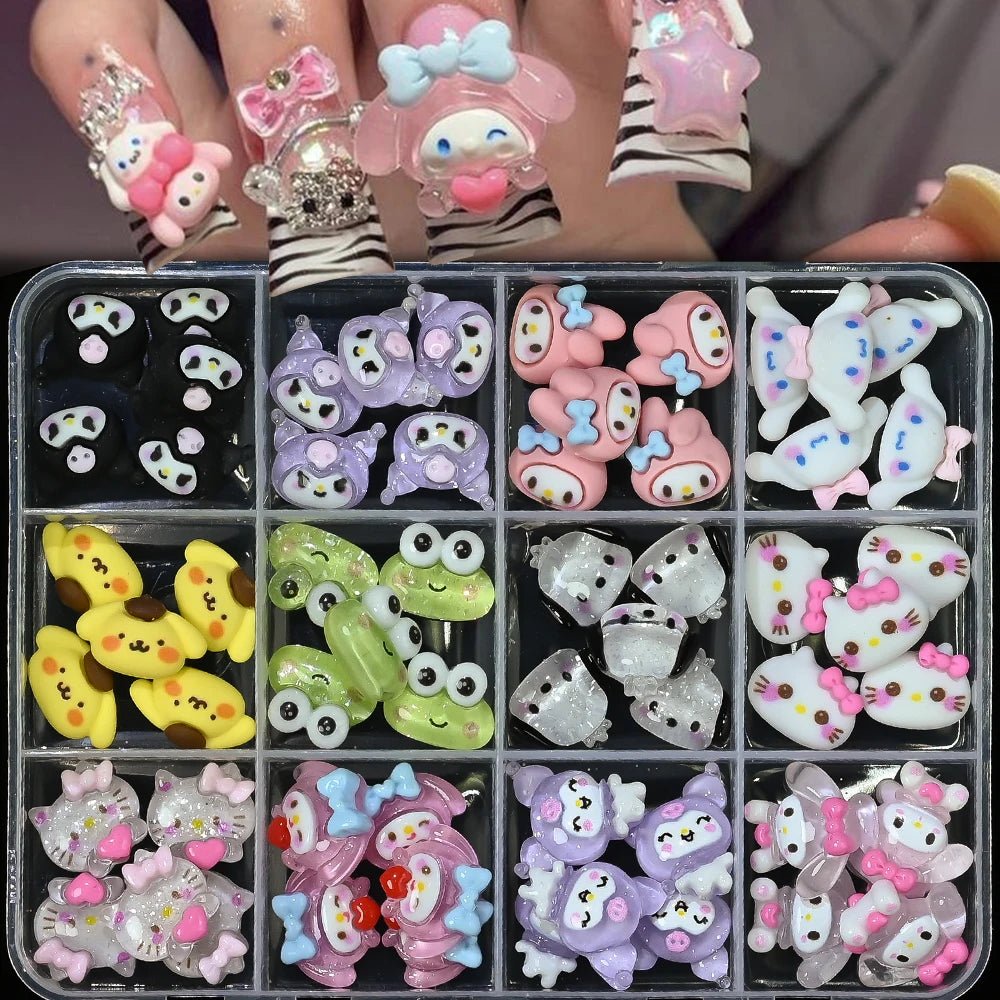 12 Grid Sanrio 3D Nail Charms Set with Cinnamoroll & Hello Kitty