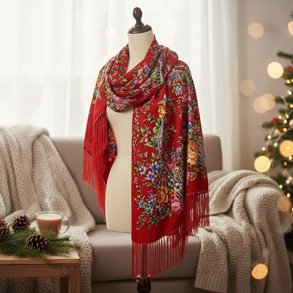 Floral Print Boho Style Scarf Accessory, Versatile Cotton Shawl