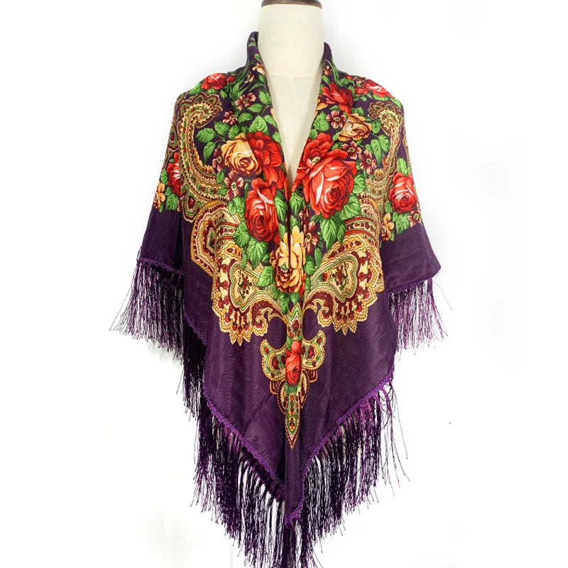 Luxury Shawl for Women - Versatile 135cm Floral Print Cotton Blend Ethnic Scarf