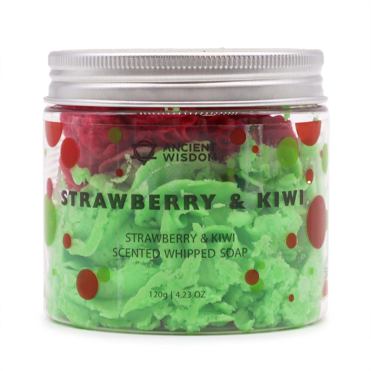 Strawberry & Kiwi Whipped Soap 120g – Vegan & Moisturising Luxury in a clear jar, showcasing bright green and red whipped soap textures, perfect as a Christmas gift for home fragrance.