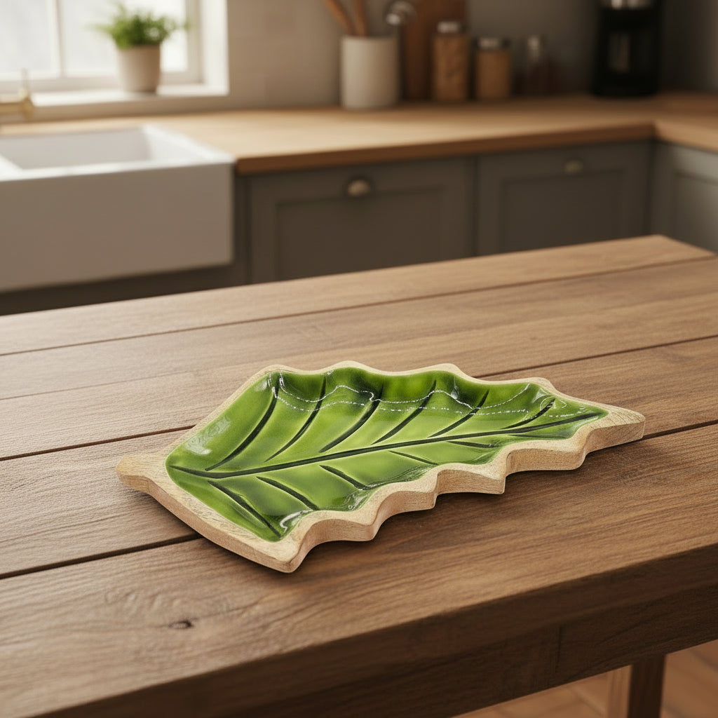 Elegant Leaf-Shaped Wooden Bowl - Sustainably Crafted 33x17cm showcasing a glossy green enamel interior and unique mango wood grain, perfect for functional decor and a stylish centrepiece. Ideal as a {{scent}} {{product_type}} – Christmas Gift Home Fragrance.
