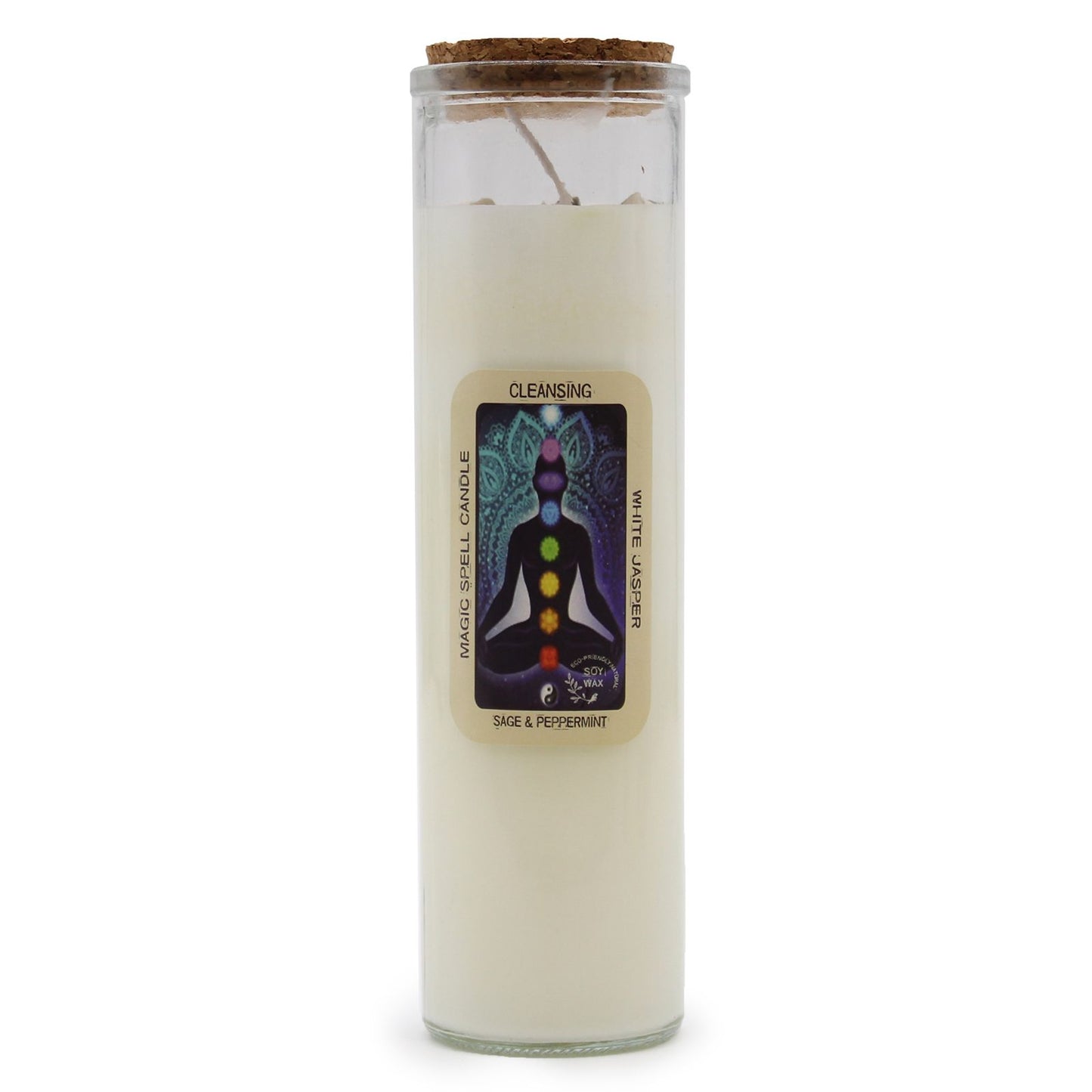 Soy Wax Candle with White Jasper - Sage & Peppermint Scent in a glass holder, featuring a chakra design, ideal for cleansing energy and enhancing your space with warmth. Perfect as a Christmas gift home fragrance.