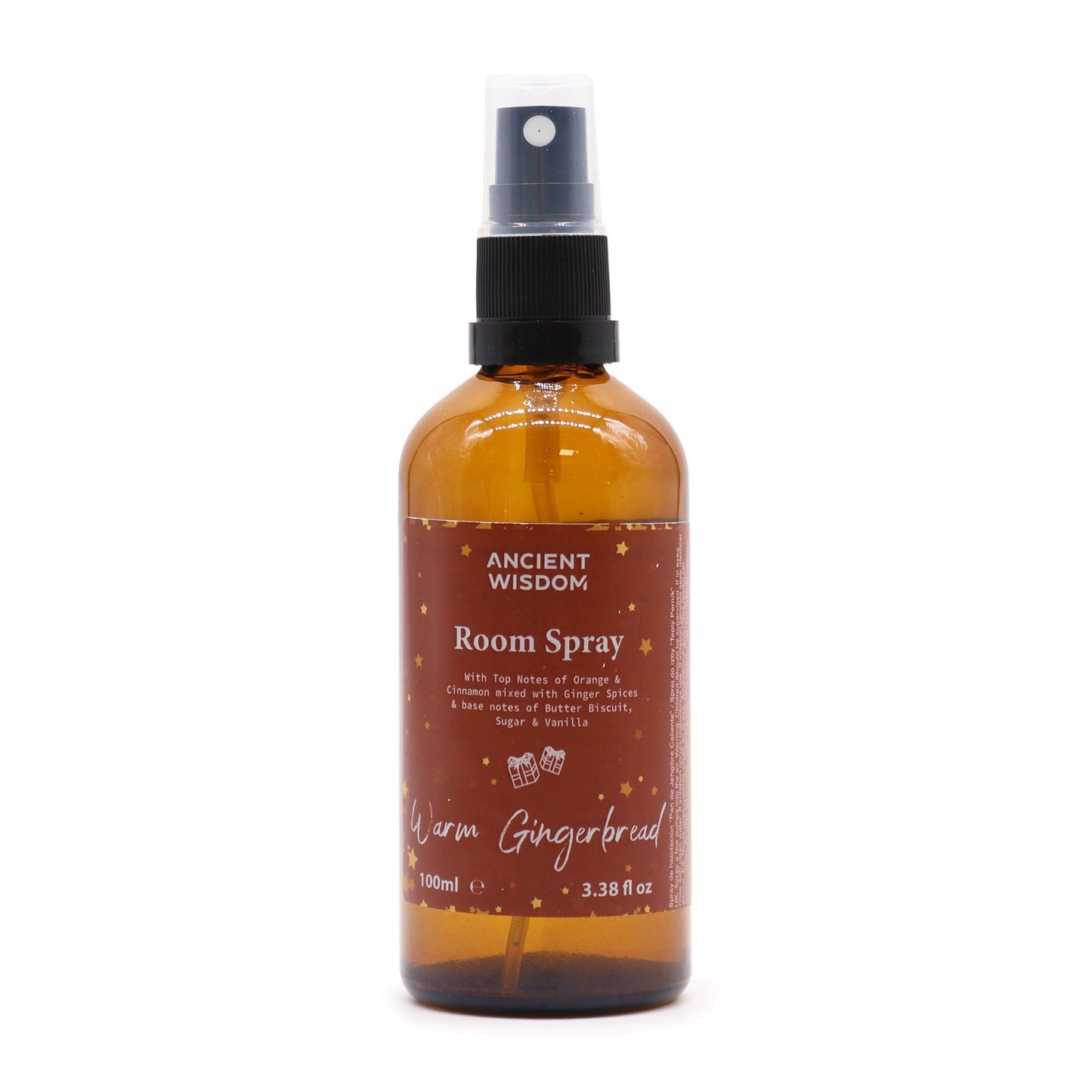 Warm Gingerbread Room Spray 100ml showcased in a bottle, perfect for a Christmas gift, stocking filler, or festive fragrance. This home fragrance combines warm scents of winter spice, cinnamon orange, and ginger for a delightful aromatic experience, ideal for pamper packs and aromatherapy during the holiday season.