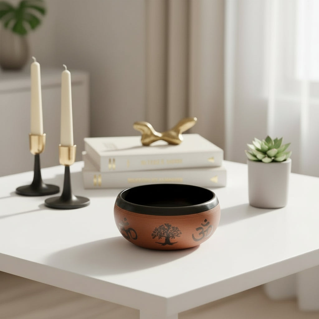 Interior view of the 16cm Clay Om Buddha Singing Bowl - Handmade Spiritual Harmony, highlighting the handcrafted details that make it a unique {{scent}} {{product_type}} – Christmas Gift Home Fragrance.