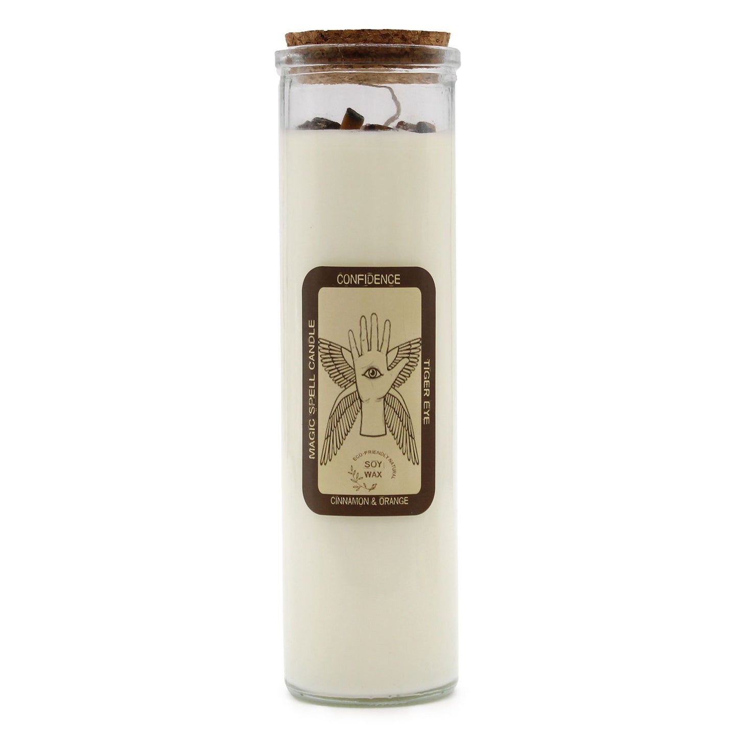 Confidence Spell Candle with Tiger Eye & Cinnamon - 50 Hour Burn in a glass jar with a cork lid, featuring a warm, inviting scent. Perfect for creating a calming atmosphere as a Christmas gift home fragrance.