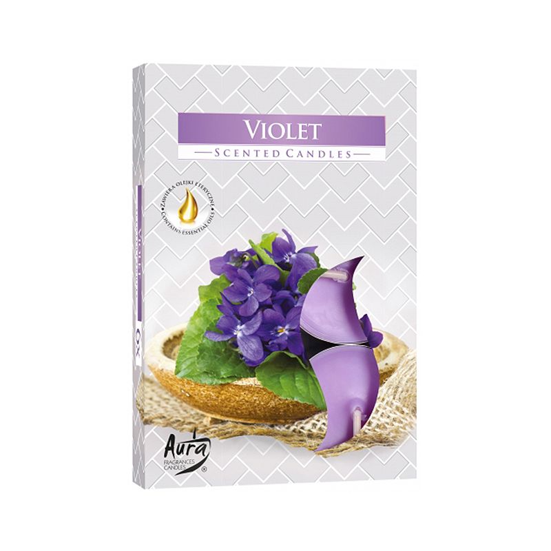 Violet Scented Tealights - Set of 6 for Relaxation & Serenity, beautifully crafted tealight candles surrounded by vibrant violet flowers, perfect for creating a soothing atmosphere. Ideal as a Christmas Gift Home Fragrance.