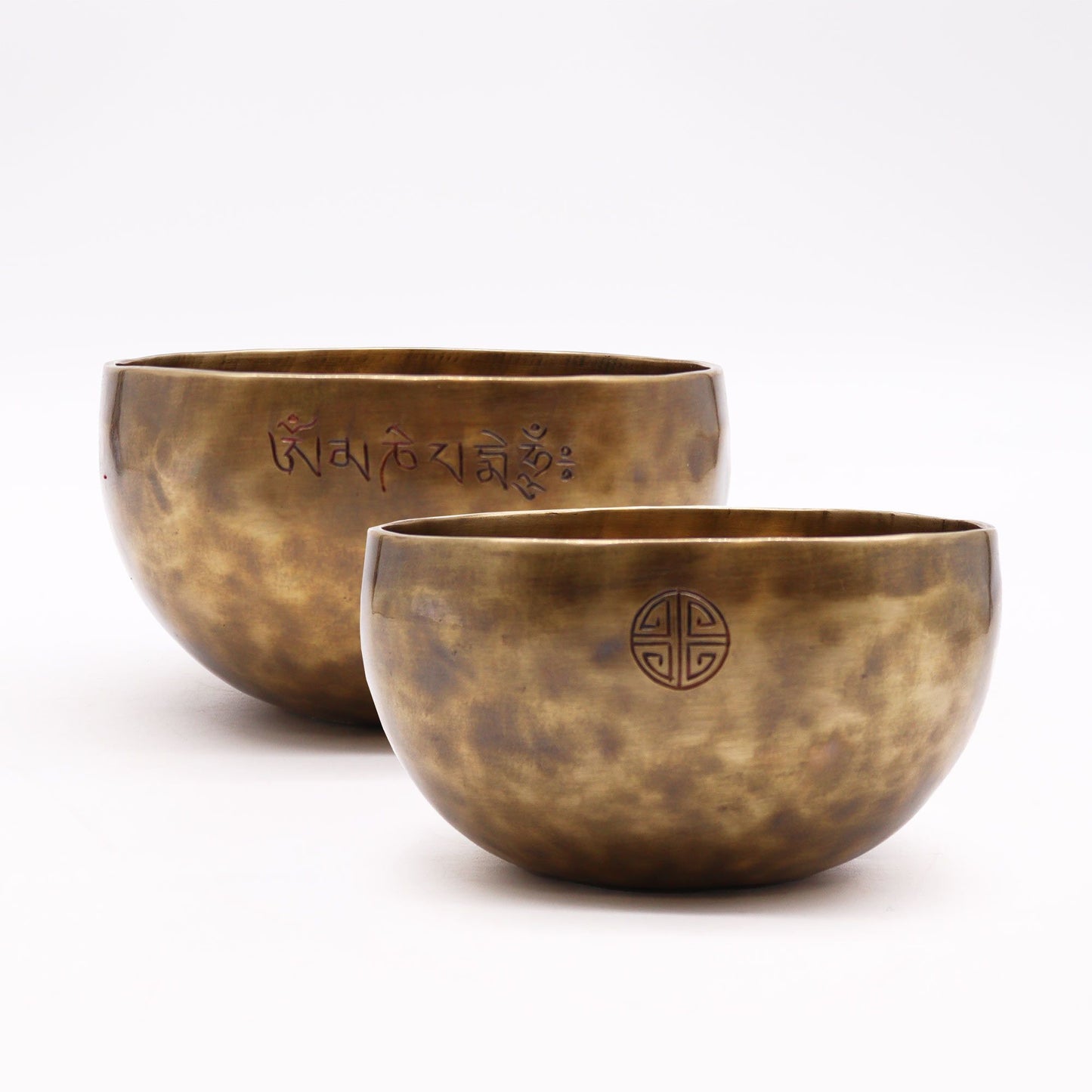 Comparison of two Large Nepalese Moon Singing Bowls 17cm and a smaller variant, emphasizing their exceptional artistry, suitable for a {{scent}} {{product_type}} – Christmas Gift Home Fragrance.