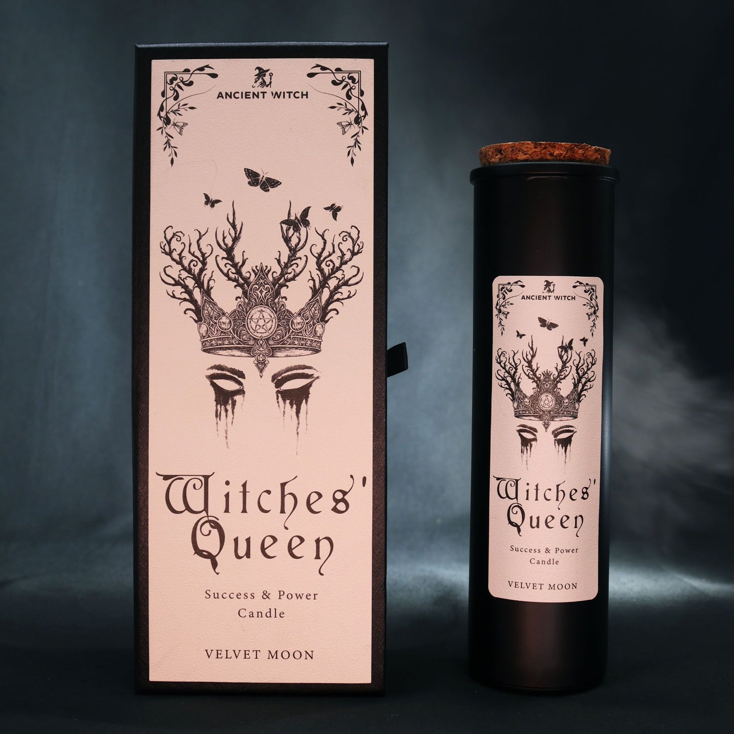 Witches' Queen Candle beautifully presented in its elegant packaging, showcasing the Velvet Moon scent – Christmas Gift Home Fragrance