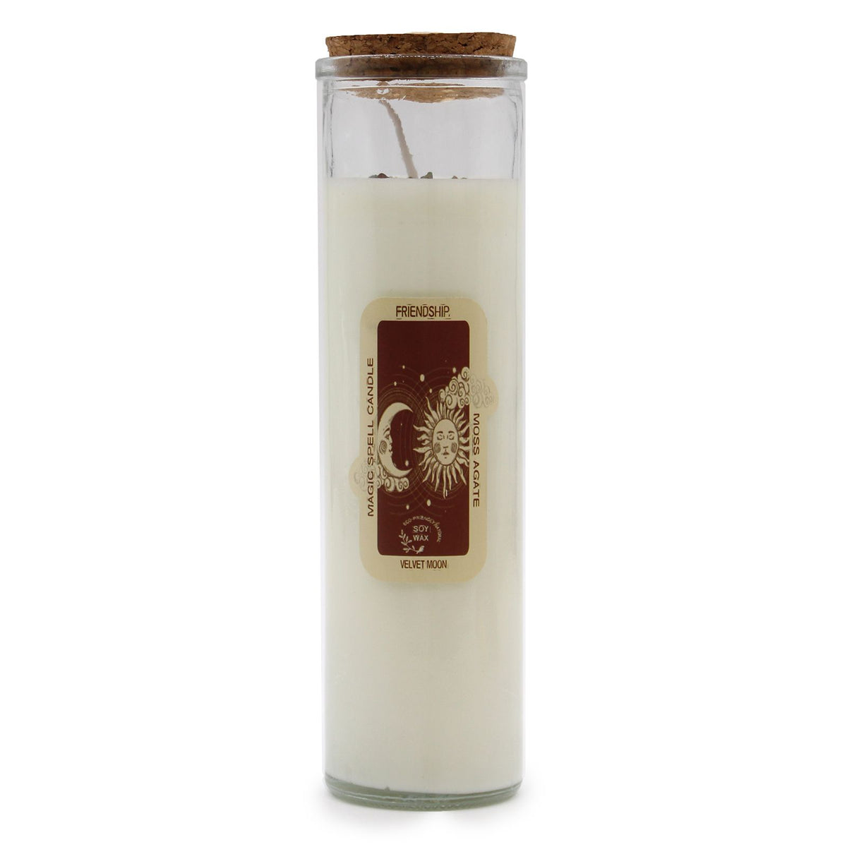 Friendship Candle with Moss Agate & Velvet Moon Scent, featuring a sleek design and cork lid, designed to promote warmth and connection. Perfect as a Christmas gift, this soy wax candle offers a delightful home fragrance.