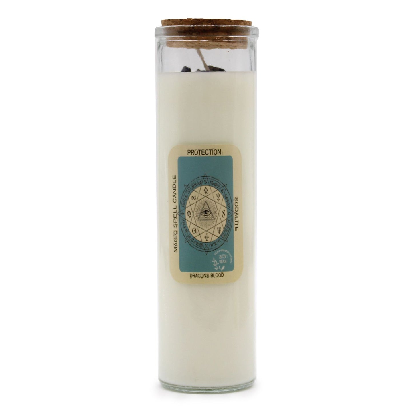 Sodalite & Dragon's Blood Candle - Protection & Wellness displayed in a glass holder, showcasing its enchanting design. This beautifully crafted candle, with scents of Dragon's Blood, is the perfect Christmas gift for home fragrance enthusiasts.
