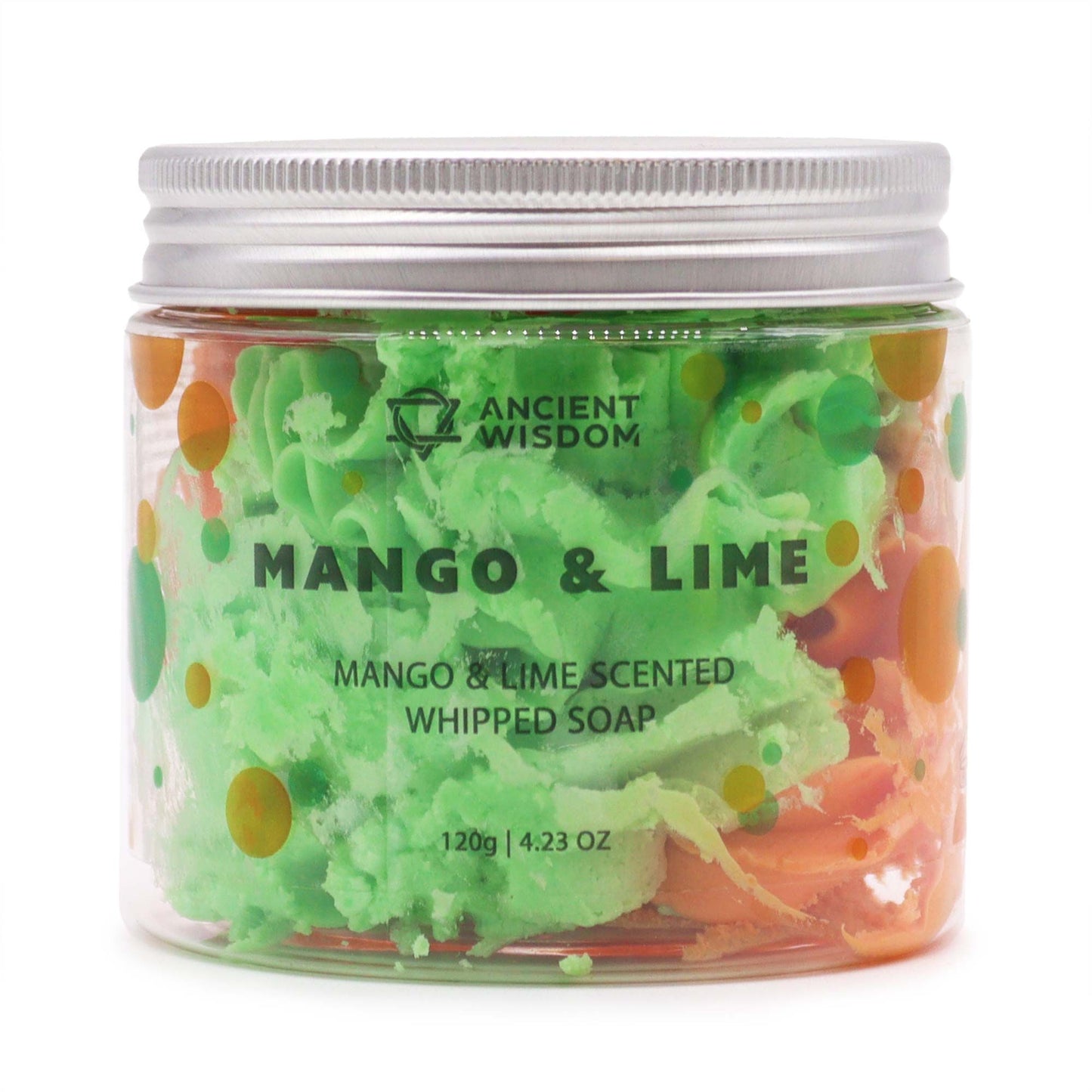 Tropical Mango & Lime Whipped Soap 120g – Vegan & Cruelty-Free in a clear jar showcasing vibrant green and orange whipped soap, perfect as a {{scent}} {{product_type}} – Christmas Gift Home Fragrance.