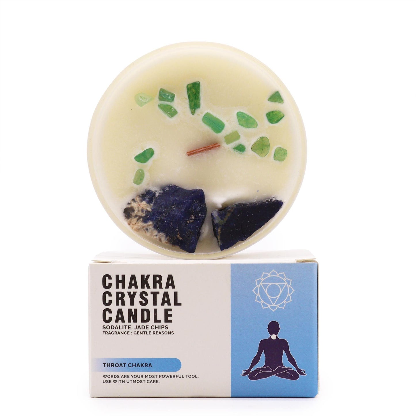 Throat Chakra Candle with Sodalite & Jade, showcasing the calming aroma of Gentle Reasons. This exquisite {{scent}} {{product_type}} is perfect as a Christmas Gift Home Fragrance.