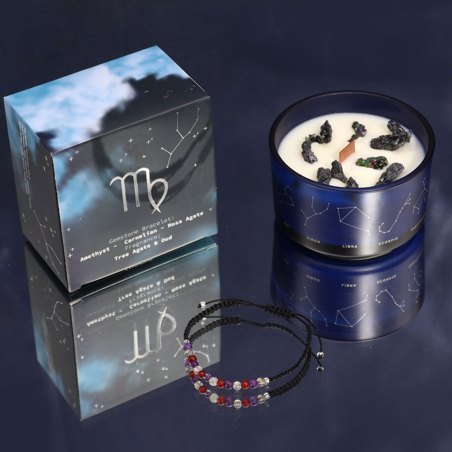 Zodiac Crystal Candle with Gemstone Bracelet - Virgo showcasing a beautifully designed candle with Tree Agate and Oud scent accompanied by a gemstone bracelet. This soothing candle set makes a perfect Christmas Gift for Home Fragrance lovers.