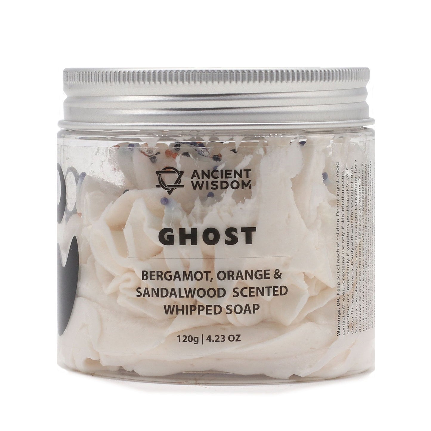 Ghost Whipped Soap 120g in a clear jar featuring luxurious whipped texture, infused with a festive bergamot, orange, and sandalwood scent – perfect as a Christmas Gift Home Fragrance.