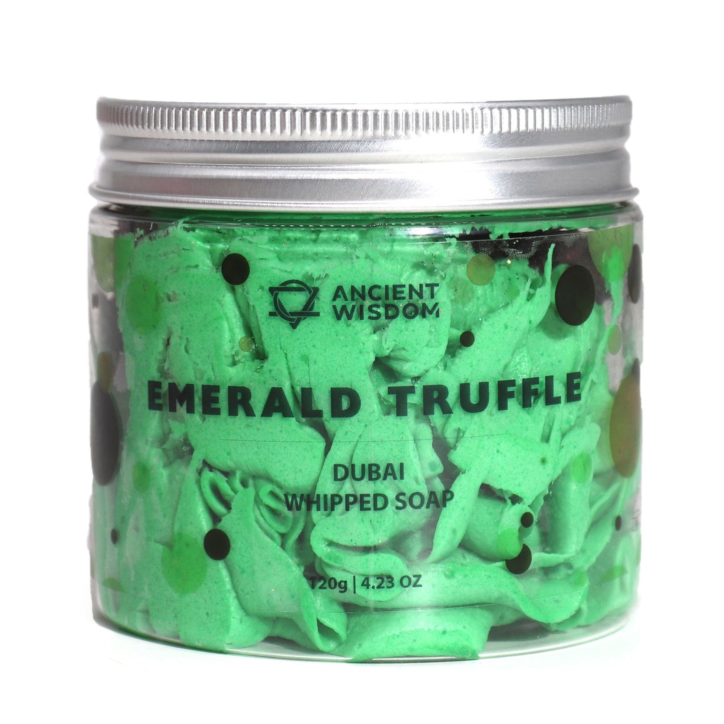 Emerald Truffle Whipped Cream Soap in a stylish jar, showcasing its rich green whipped texture, perfect for a luxurious skin care experience. This indulgent {{scent}} {{product_type}} is an ideal Christmas Gift Home Fragrance.