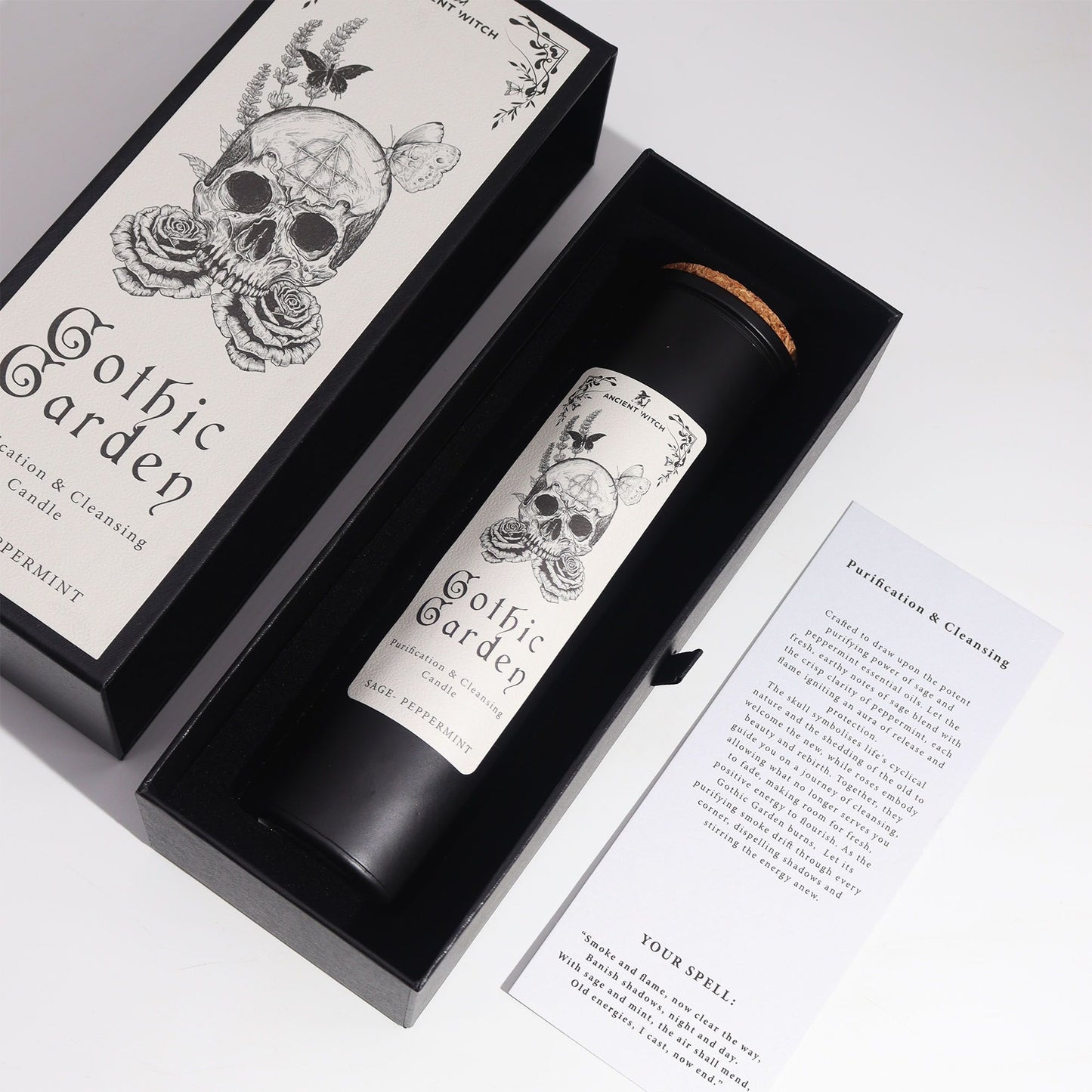 Gothic Garden Candle – Sage & Peppermint for Cleansing Rituals, displayed in its box alongside a ritual spell card, this home fragrance is a thoughtful Christmas gift that promotes relaxation and renewal.