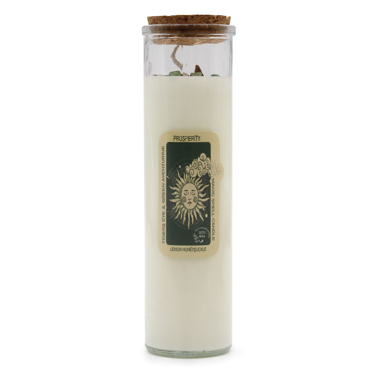 Prosperity Magic Candle with embedded gemstones and a cork lid, featuring refreshing Lemon Honeysuckle scent, ideal as a Christmas gift home fragrance.