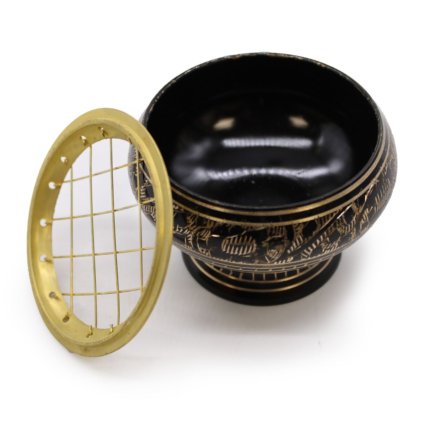 Elegant Brass Charcoal Burner with Intricate Design for Incense, showing the removable mesh top, perfect for incense enthusiasts. A lovely Christmas gift designed to elevate home fragrance and relaxation rituals.