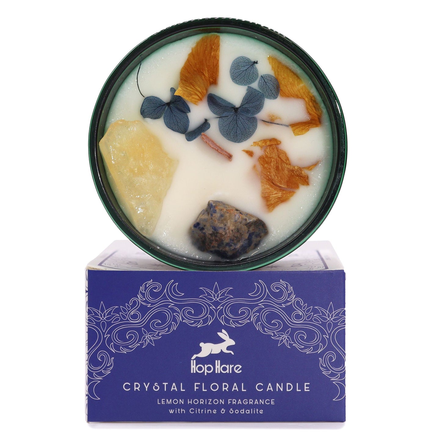 Hop Hare Crystal Magic Flower Candle featuring Citrine and Sodalite, showcasing a vibrant arrangement of dried flowers and gemstones in a sleek black container. Perfect scent for a Christmas gift home fragrance.