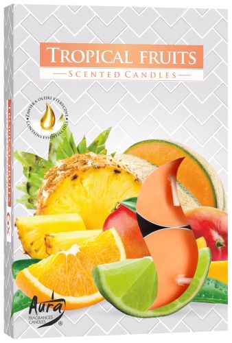 Tropical Fruit Scented Tealights - Set of 6 Candles for Relaxation, featuring vibrant images of tropical fruits like pineapple, orange, and lime. This aromatic {{scent}} tealight {{product_type}} is a delightful {{scent}} {{product_type}} – Christmas Gift Home Fragrance that adds a refreshing vibe to your home.