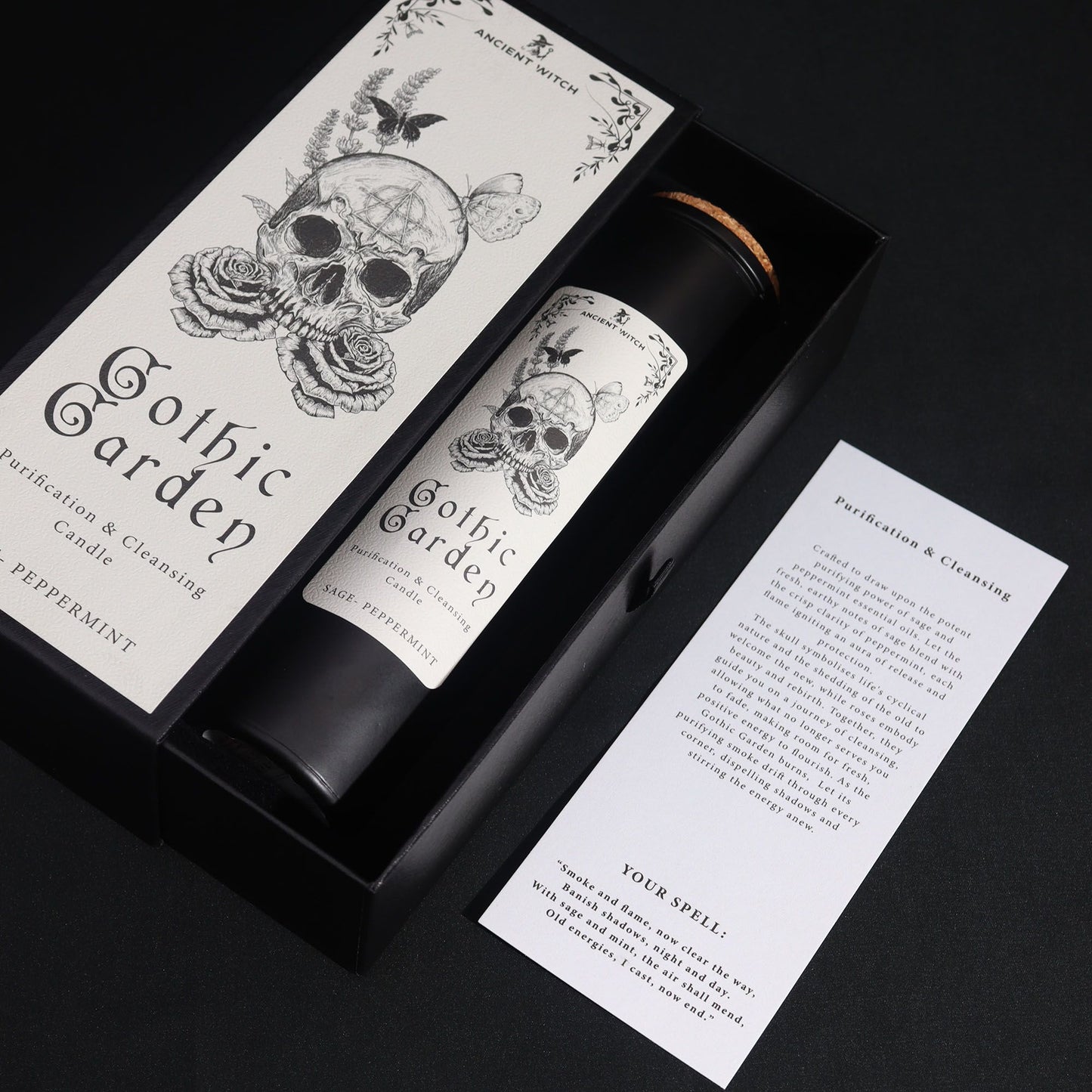 The Gothic Garden Candle – Sage & Peppermint for Cleansing Rituals elegantly packaged in a gift box, showcasing its unique skull and rose design. A perfect Christmas Gift Home Fragrance.