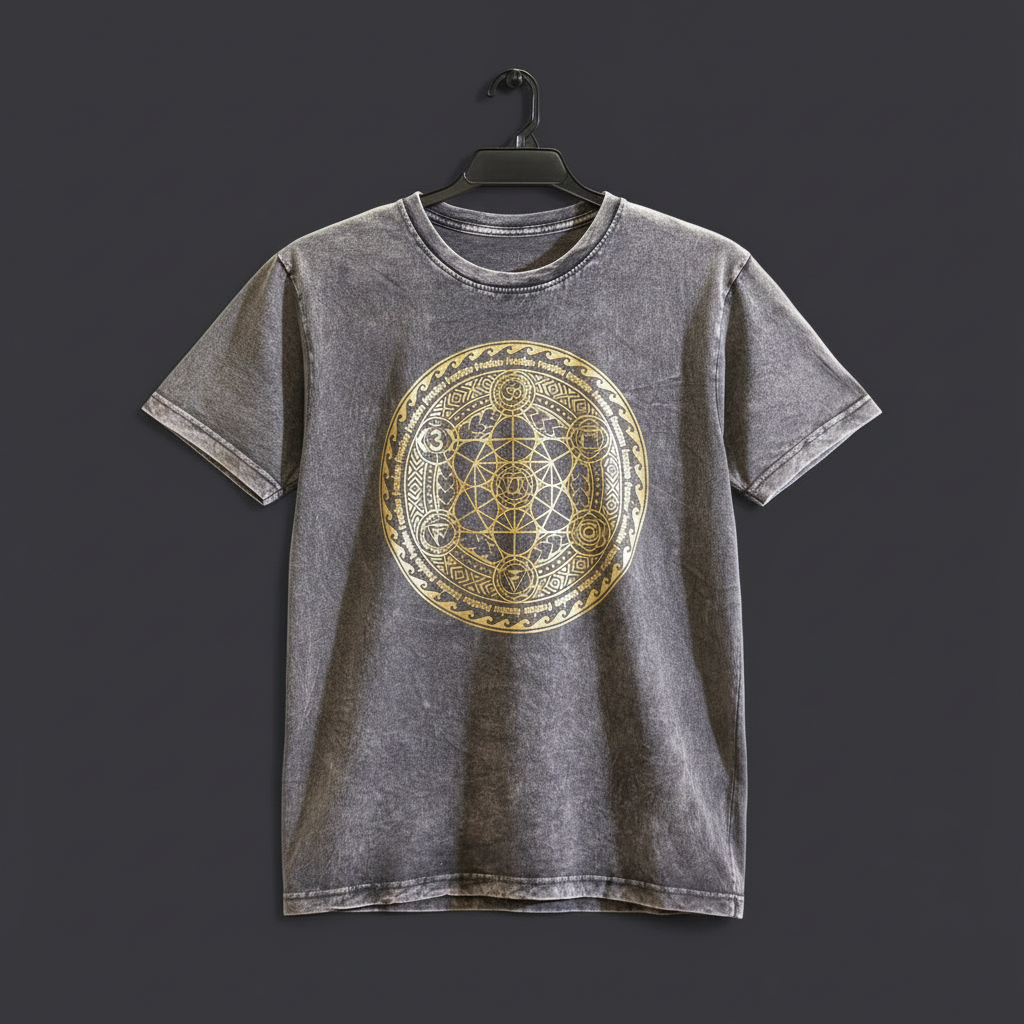 Chakra Large Stone Washed T-Shirt in Dark Grey by Cake Pops Parties, displayed on a hanger, ideal for casual and comfortable fashion choices.