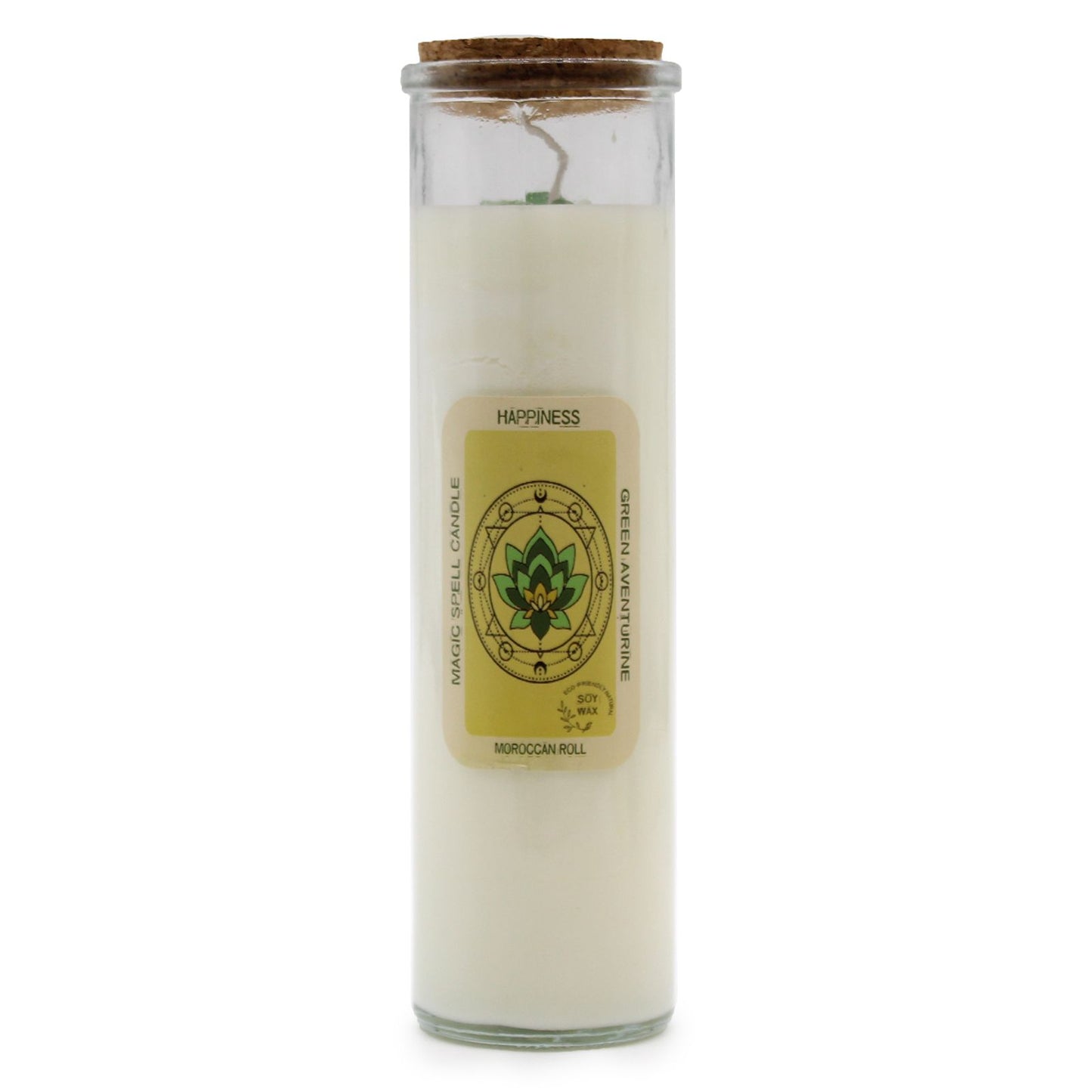 Green Aventurine & Moroccan Rose Soy Candle in a glass jar with a cork lid, showcasing a beautiful design, ideal for creating a festive atmosphere. This scented candle is perfect as a Christmas gift home fragrance.