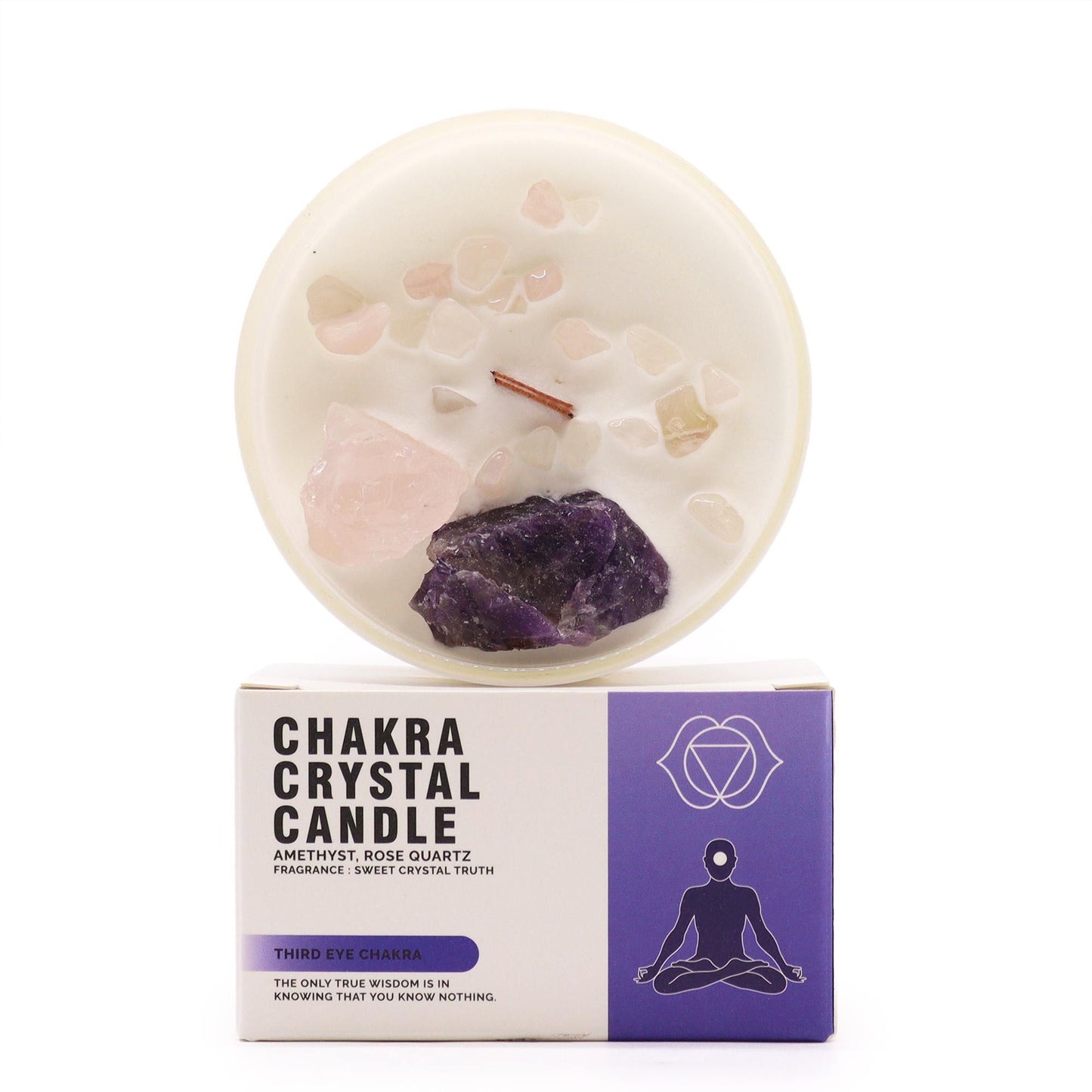 Third Eye Chakra Candle – Enhance Intuition & Inner Wisdom with Amethyst and Rose Quartz crystals atop a creamy wax surface. This enchanting scented candle is a perfect Christmas gift for home fragrance lovers.