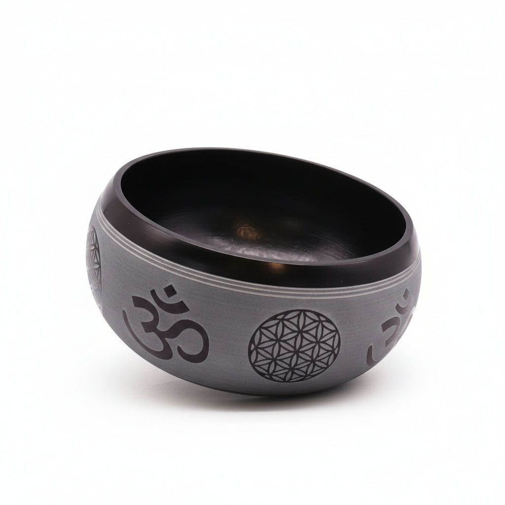 Handmade 16cm Earth Powder Singing Bowl - Om Five Buddha Design featuring intricate designs on the exterior, ideal for meditation and relaxation. Perfect for mindfulness practices, this unique bowl makes a thoughtful Christmas gift and home fragrance accessory.