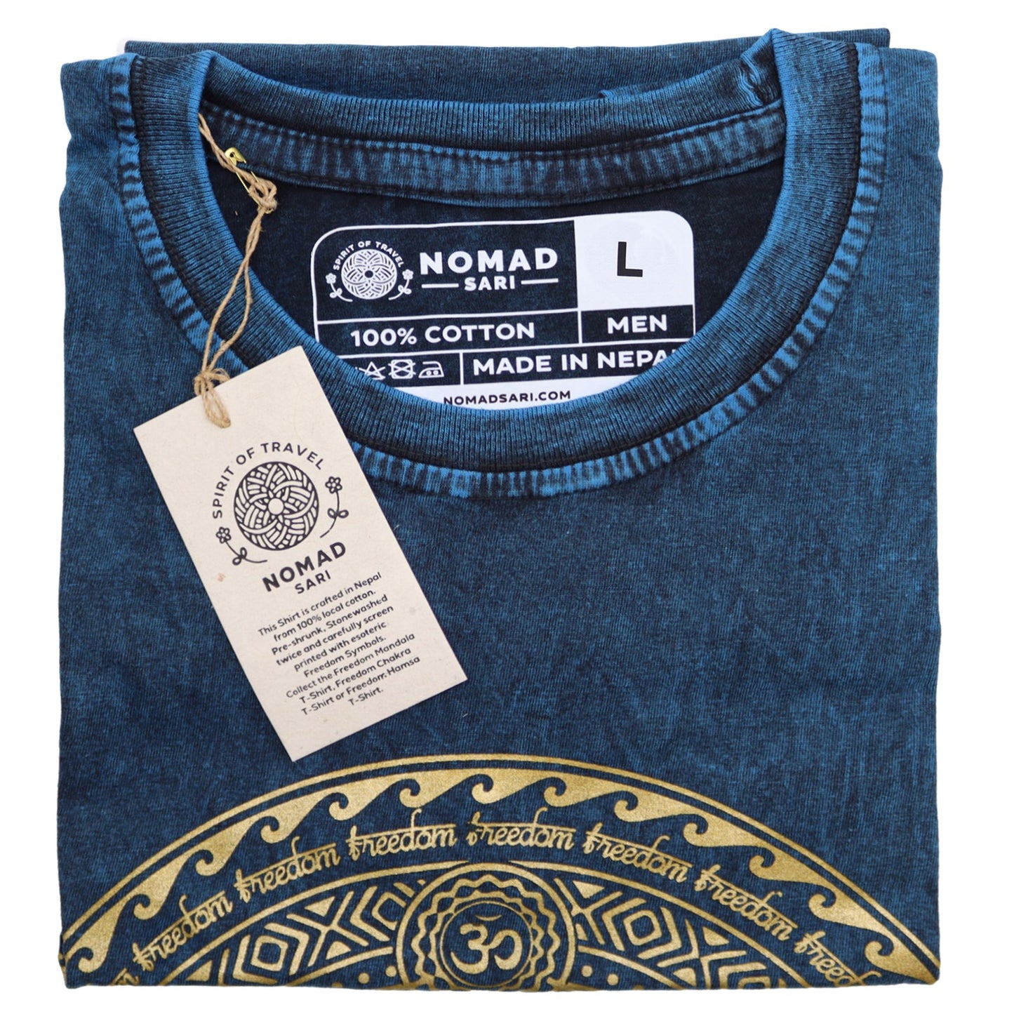 Hamsa Blue Large Stone Washed T-Shirt folded neatly, showcasing its unique style and high-quality fabric, perfect for casual wear. Ideal as a Christmas gift for those who appreciate comfort and individuality.
