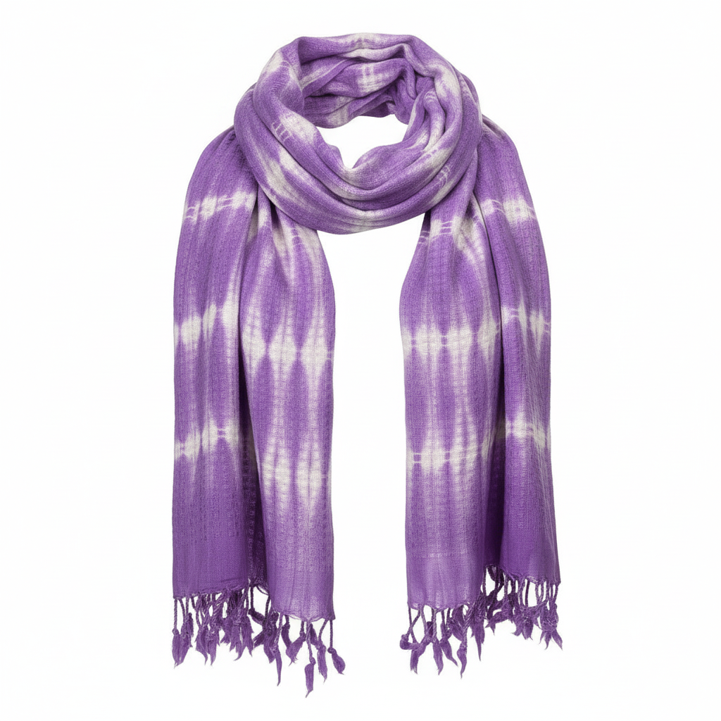 Purple and white tie-dye scarf with fringes on a white background