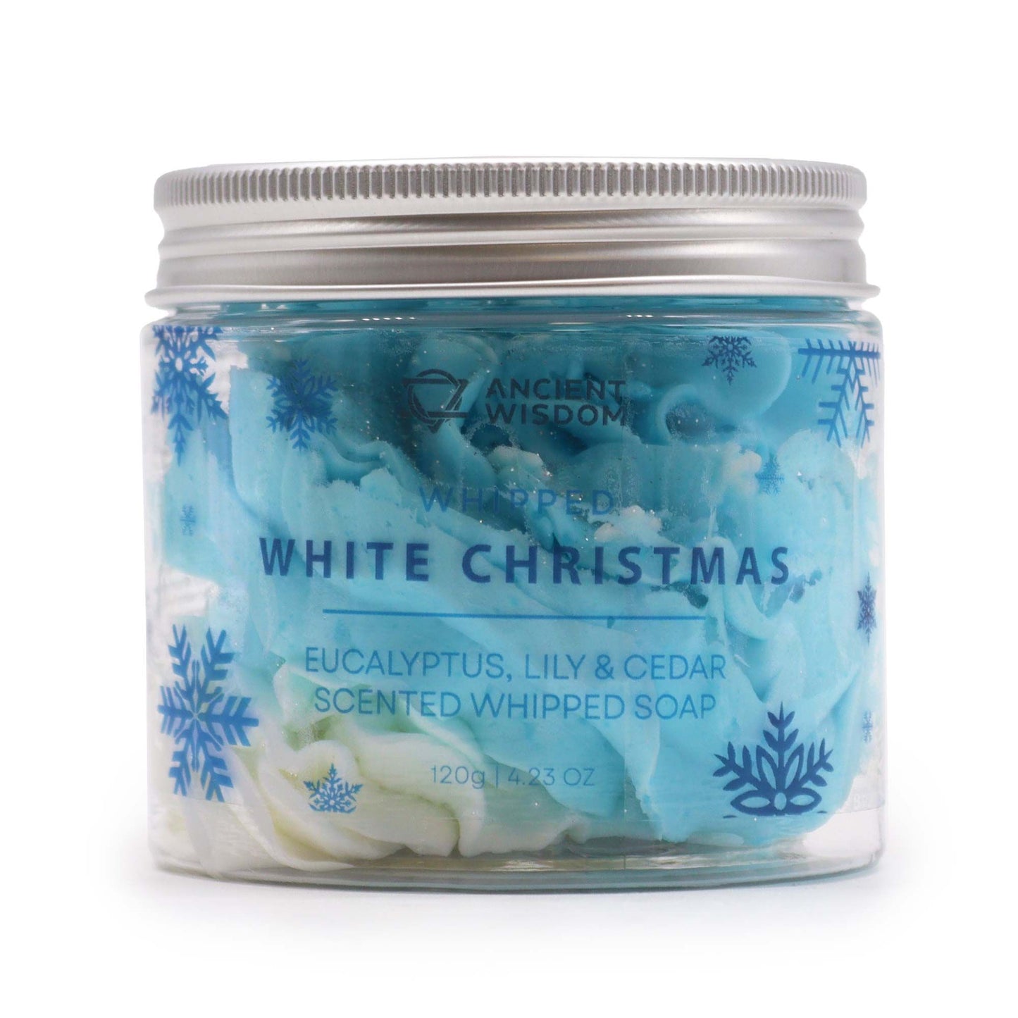 White Christmas Whipped Soap 120g in a glass jar showcasing a festive design, perfect for Christmas gifting. This whipped soap features eucalyptus, lily, and cedar scent for a luxurious bath experience – Christmas Gift Home Fragrance.