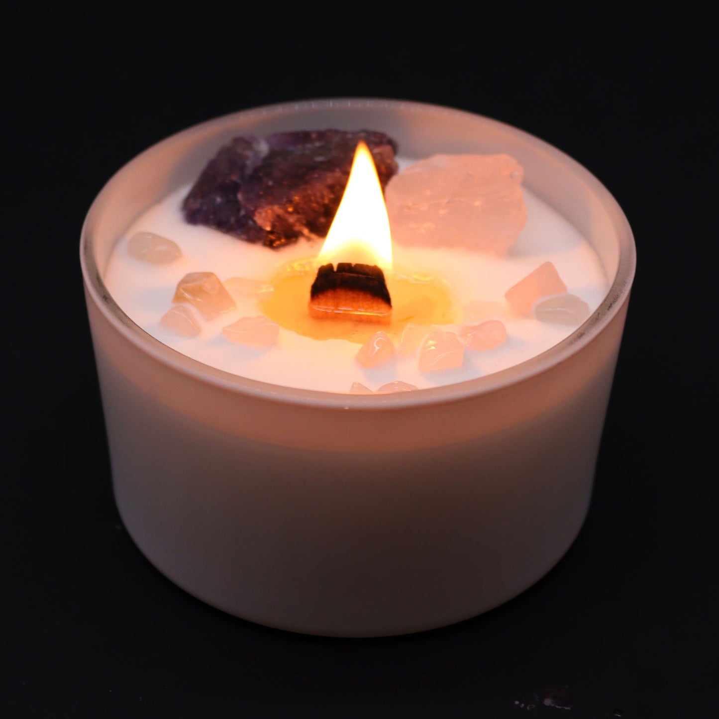 Lit Third Eye Chakra Candle – Enhance Intuition & Inner Wisdom with a gentle flame illuminating Amethyst and Rose Quartz crystals in a stylish container. A delightful scent perfect for Christmas gift home fragrance.