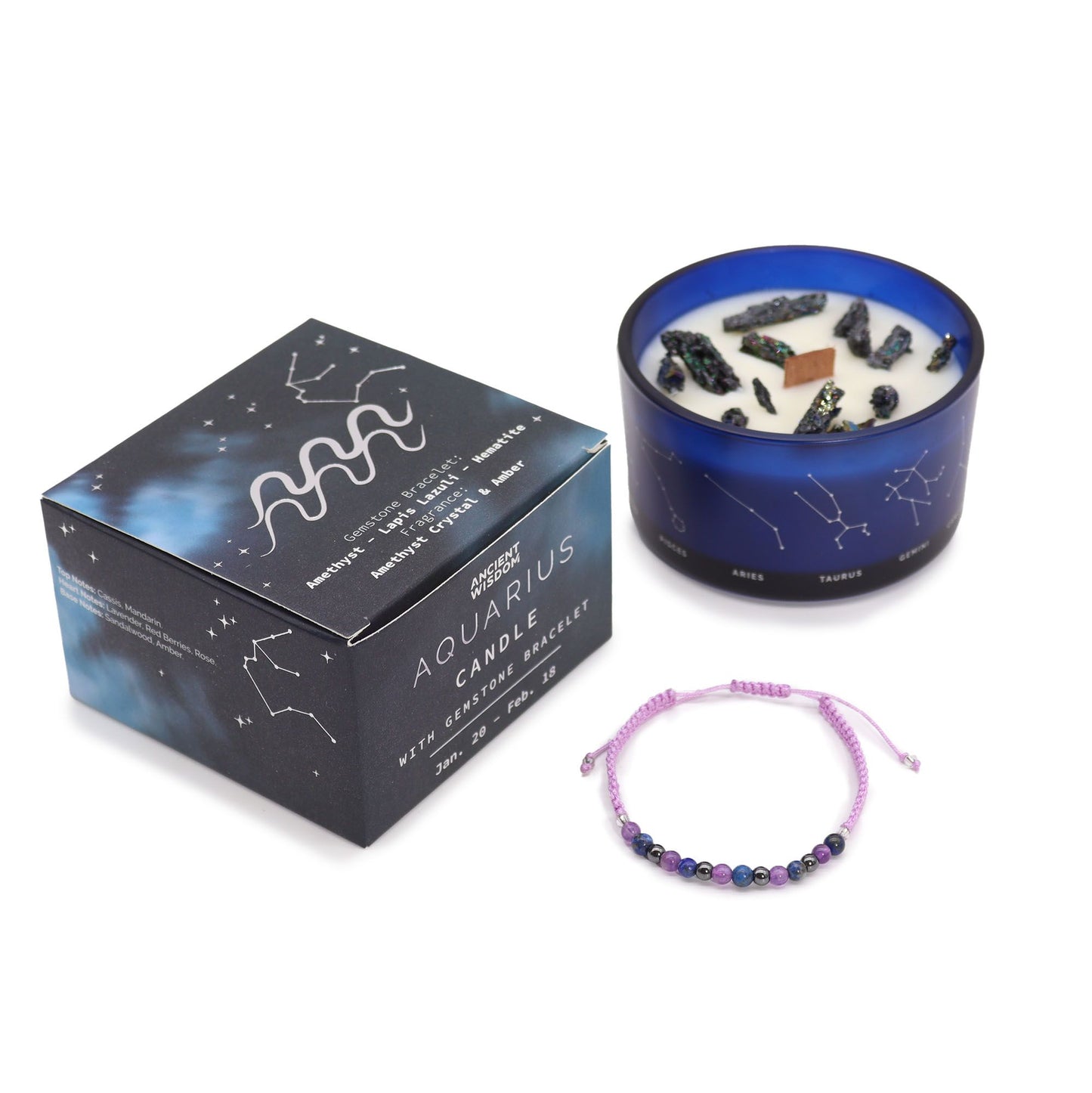 Zodiac Crystal Candle with Gemstone Bracelet - Aquarius, featuring Amethyst and Amber, perfect for creating a relaxing atmosphere. Ideal for gifting, this elegant candle and bracelet set is a delightful Christmas Gift Home Fragrance.