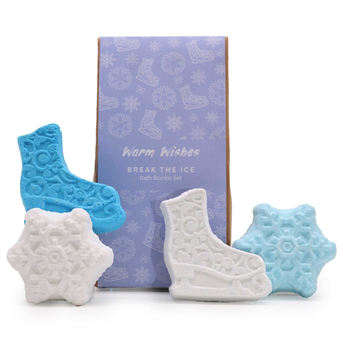Break the Ice Christmas Bath Bomb Gift Pack featuring ice skate and snowflake bath bombs, perfect for festive home fragrance and relaxation.