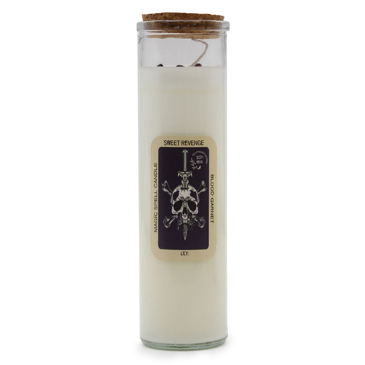 The Blood Garnet & Lily Soy Wax Candle with gemstone infusion, showcasing a chic design and cork lid, ideal for creating a warm ambiance. Perfect as a Christmas gift for home fragrance lovers.