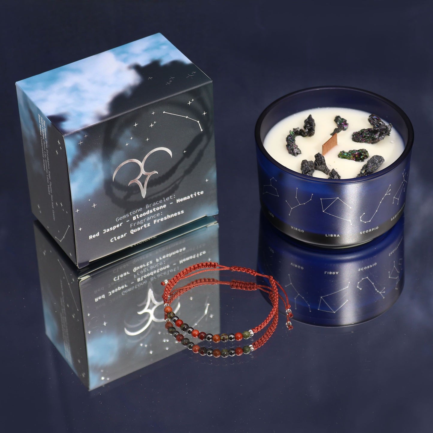 Zodiac Crystal Candle with Gemstone Bracelet - Aries displayed next to its packaging. The candle features Clear Quartz Freshness scent, showcasing its stylish design and vibrant gemstone bracelet. Perfect for Christmas Gift Home Fragrance.
