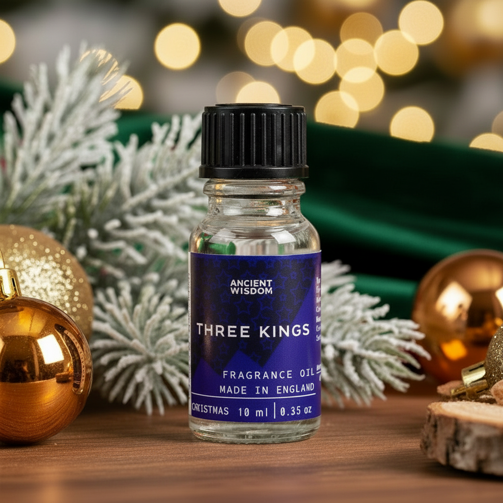 Three Kings Fragrance Oil 10ml bottle, showcasing its long-lasting aromatherapy scent, perfect for festive occasions.