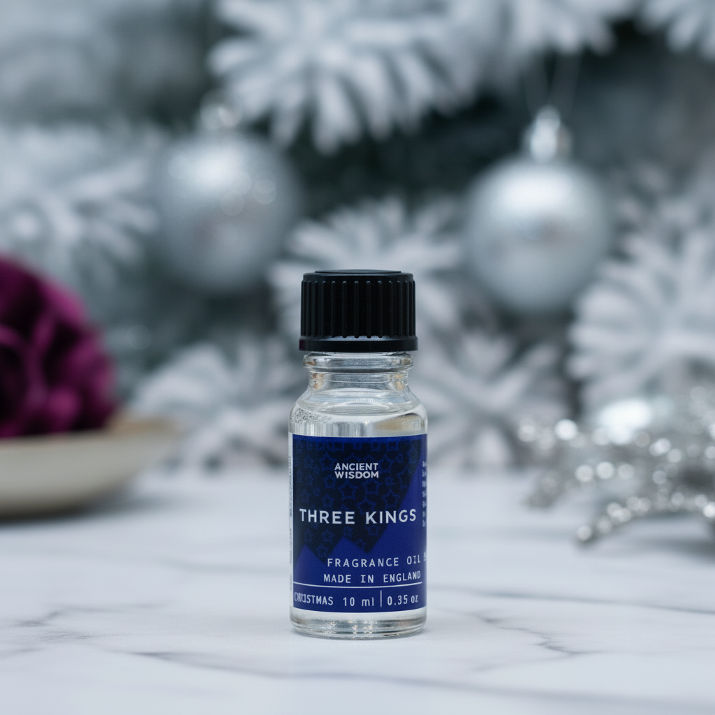 Three Kings Fragrance Oil 10ml as part of a gift set, perfect for a Christmas present or pamper night, enhancing daily life with its uplifting aroma.