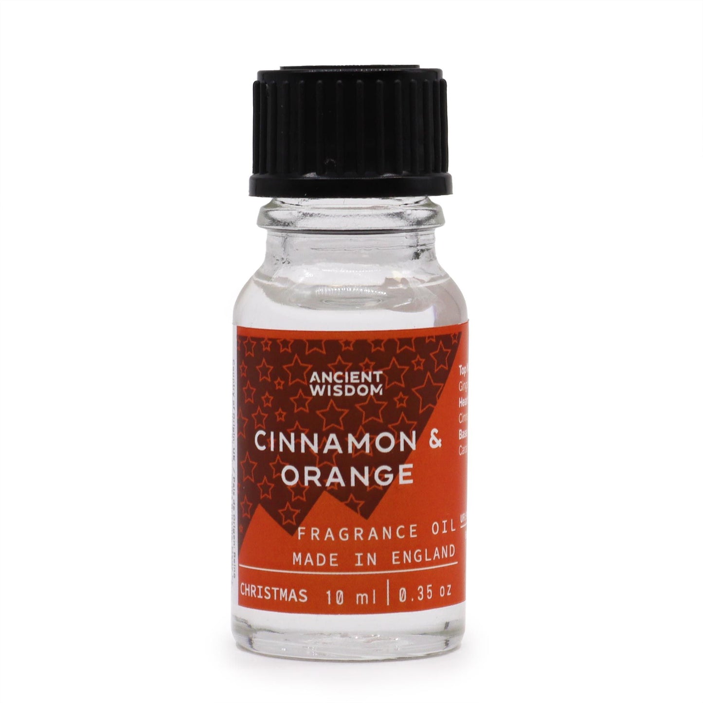 Close-up of 10ml Xmas Cinnamon & Orange Fragrance Oil showcasing its elegant packaging. This festive fragrance is a wonderful addition to any Christmas gift or stocking filler, spreading the warm aromas of cinnamon orange throughout your space.