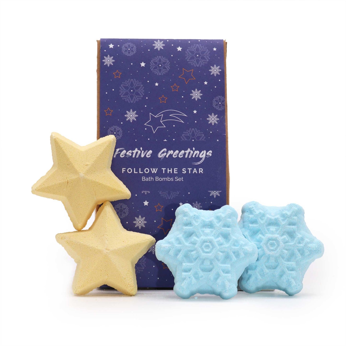 Follow the Star Christmas Bath Bomb Gift Pack featuring two blue snowflake bath bombs and two yellow star bath bombs, perfect for festive relaxation. Elevate your home fragrance this Christmas with this delightful gift set.