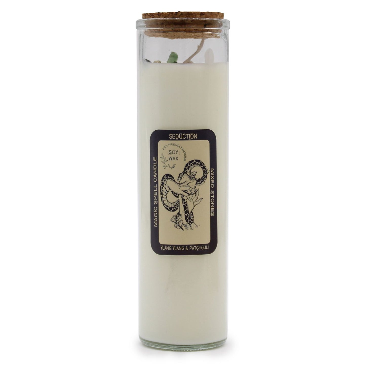 Seductive Spell Candle with Gemstones - Ylang Ylang & Patchouli in a clear glass container with a cork lid, showcasing a luxurious design. Ideal for creating a soothing atmosphere, this enchanting scent is perfect as a Christmas gift home fragrance.