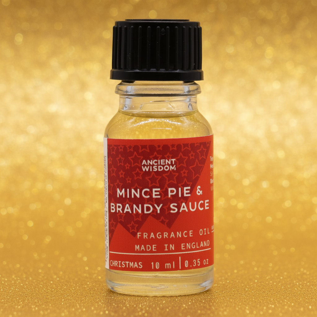 Mince Pie & Brandy Sauce Fragrance Oil displayed in a cozy setting, emphasising the long-lasting mince pie scent for holiday celebrations.