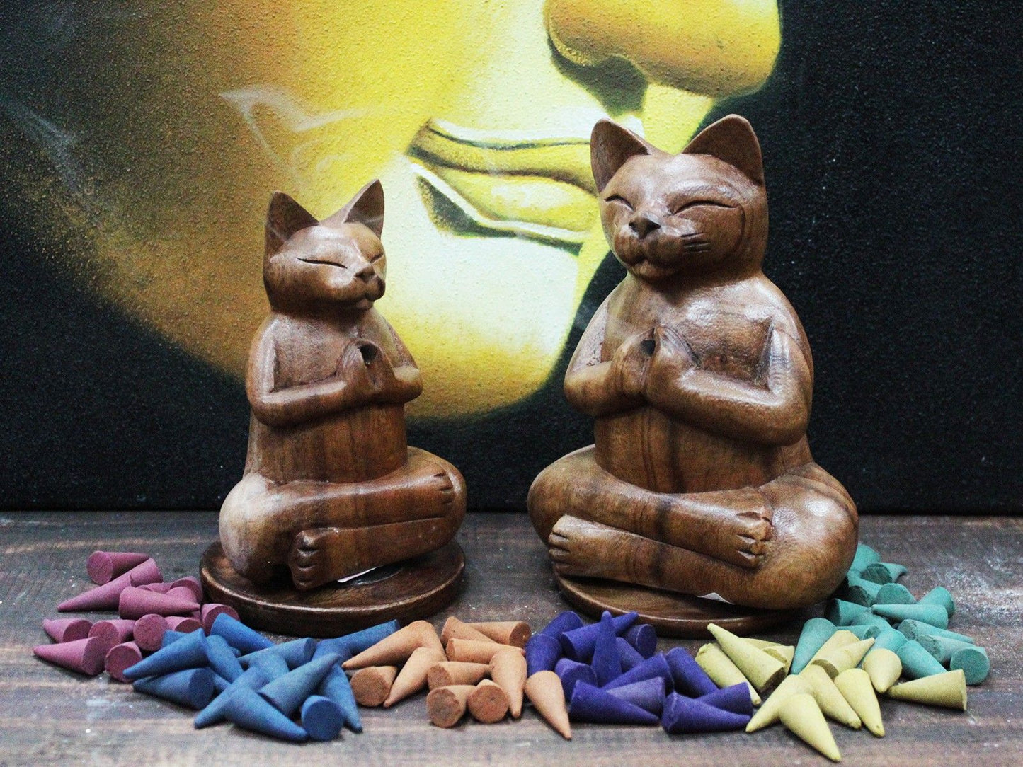 Handcrafted Wooden Yoga Cat Incense Burner – Perfect Unique Gift for Cat Lovers, showcasing two wooden cats in a meditative pose surrounded by colourful incense cones. Perfect for creating a soothing atmosphere – Christmas Gift Home Fragrance.