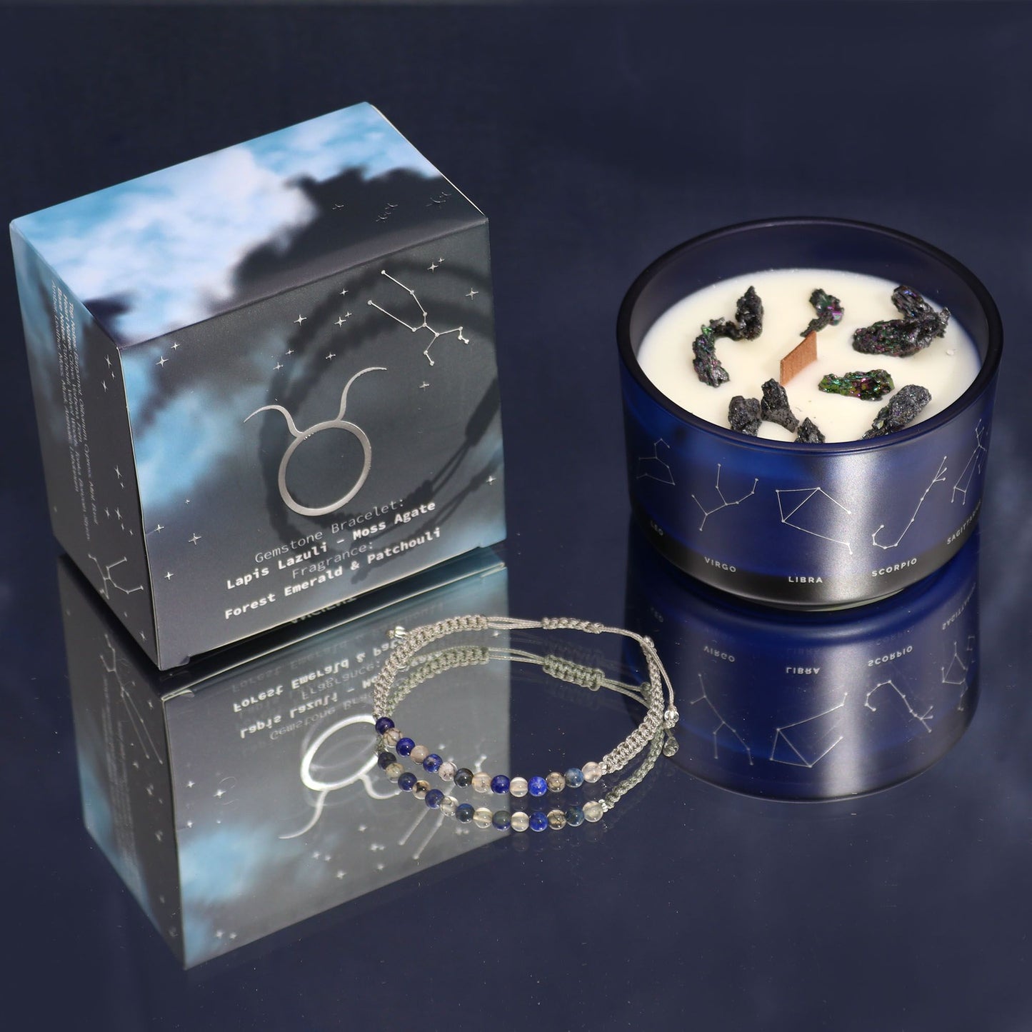 Zodiac Crystal Candle with Gemstone Bracelet - Taurus, showcasing the candle with a forest emerald and patchouli scent, along with a beautiful lapis lazuli and moss agate bracelet. Perfect as a Christmas gift for home fragrance lovers.