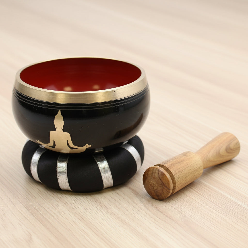 Buddha Singing Bowl Set – Black/Orange 10.7cm for Meditation, featuring a beautifully crafted bowl with a wooden mallet, ideal for creating calming sounds. A perfect Christmas gift for enhancing home fragrance.