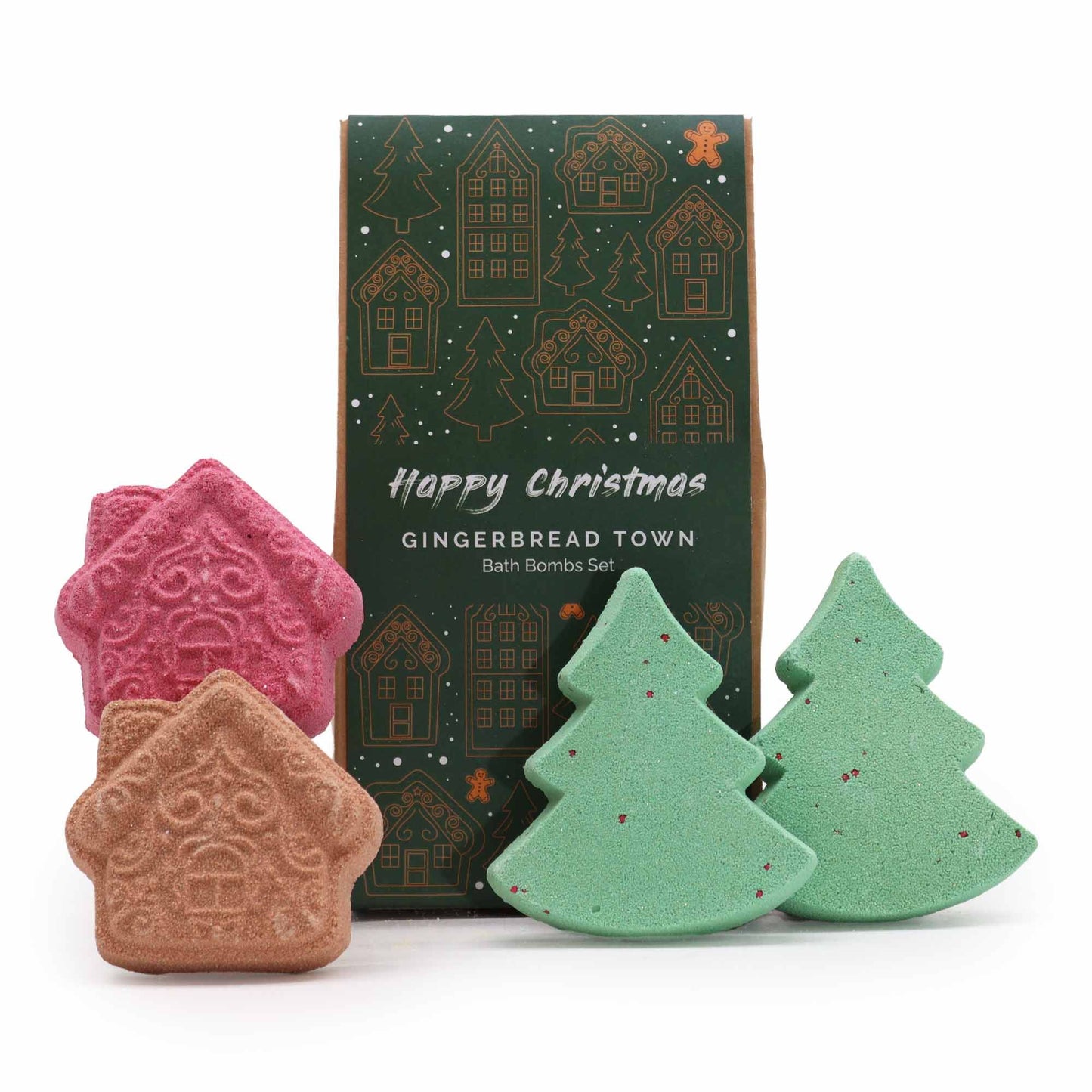 Gingerbread Town Christmas Bath Bomb Gift Pack featuring green Christmas tree and gingerbread house bath bombs. Ideal for festive relaxation. Warm Gingerbread scent, perfect for Christmas gift home fragrance.