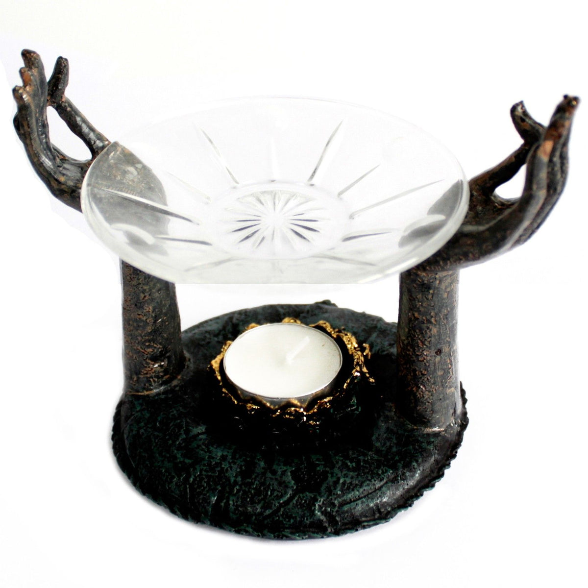 Antique Buddha Om Hands Oil Burner – Zen Home Decor featuring an elegant design with raised hands holding a glass oil dish and a candle holder, perfect for creating a relaxing atmosphere. This burner serves as a scent enhancer and makes a thoughtful Christmas Gift Home Fragrance.