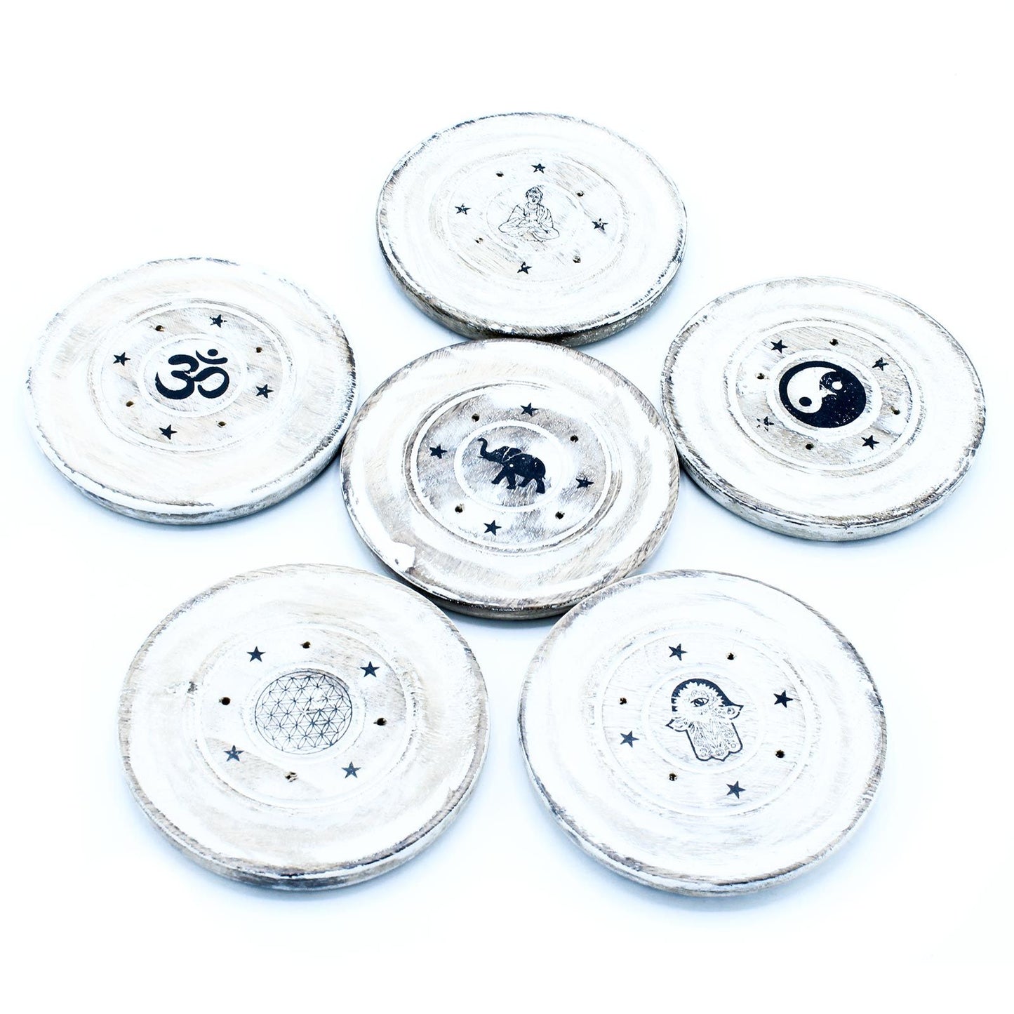 Elegant White Washed Incense Holder for Cone & Disc Sticks arranged stylishly, showcasing intricate symbols. This accessory elevates your living space and creates a relaxing ambience, making it an excellent choice for Christmas gifts in home fragrance.