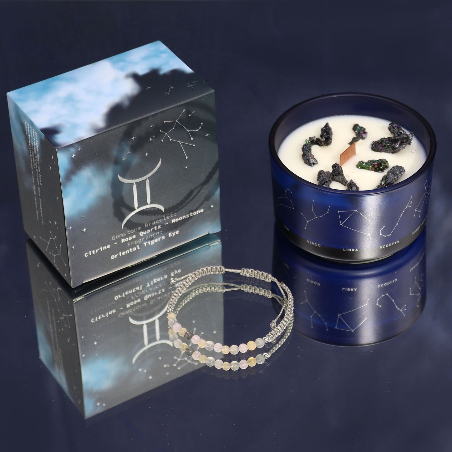 Zodiac Crystal Candle with Gemstone Bracelet - Gemini displayed with the captivating scent of Oriental Tiger's Eye, perfect for a festive Christmas gift home fragrance.